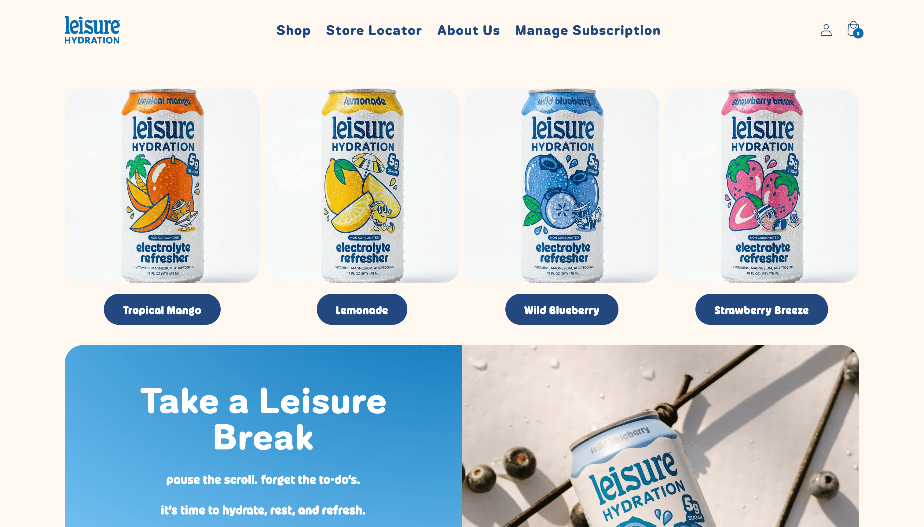 Leisure Hydration storefront: four electrolyte drink flavors above a campaign banner