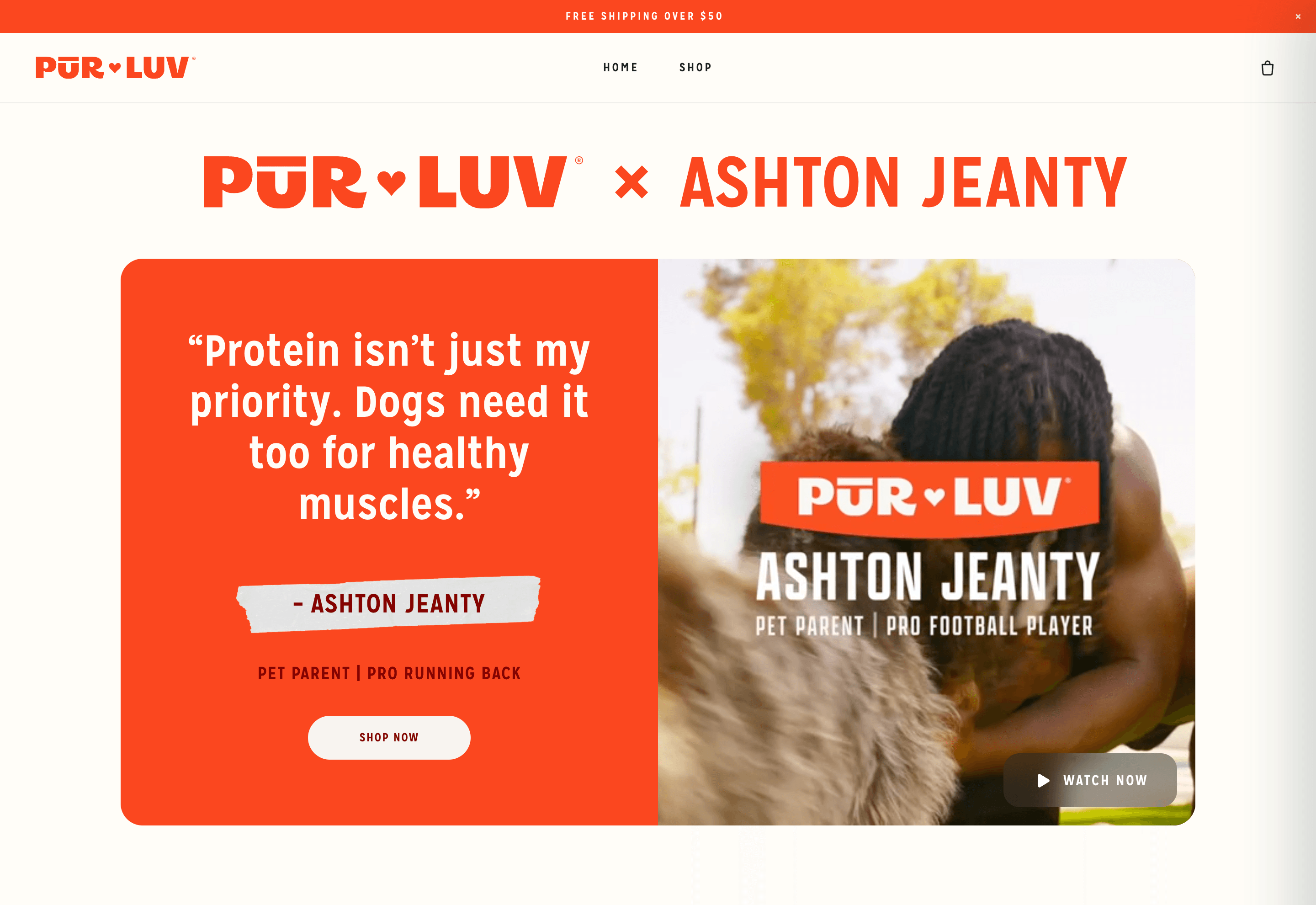 Pur Luv storefront redesign: Ashton Jeanty campaign page hero with quote and video